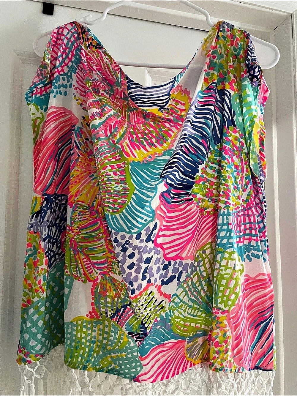 Lilly Pulitzer Alia Fringe Tunic Top Multicolor Abstract Print